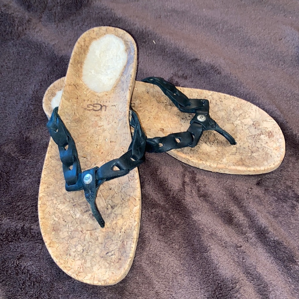 UGG Black Leather Cork Footbed Flip Flops